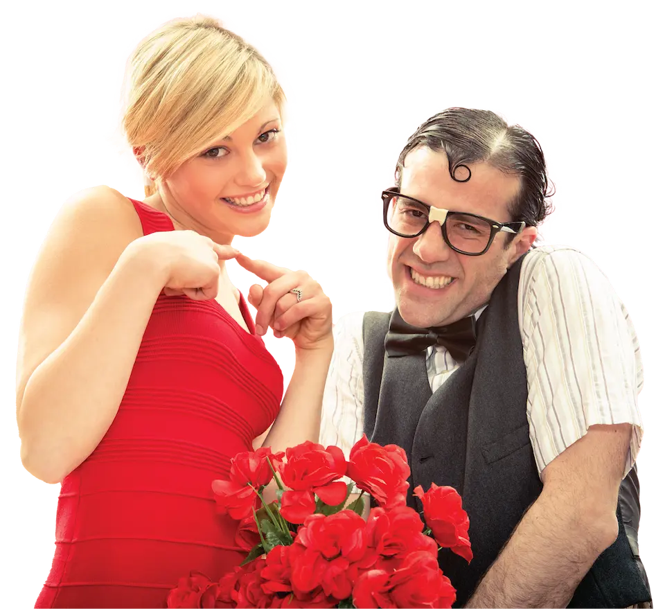 A candid picture of a woman and a man with red flowers